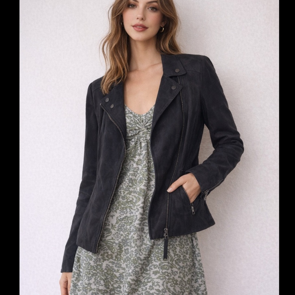 Revolve Moto Style Funnel Neck Blue Perforated Jacket